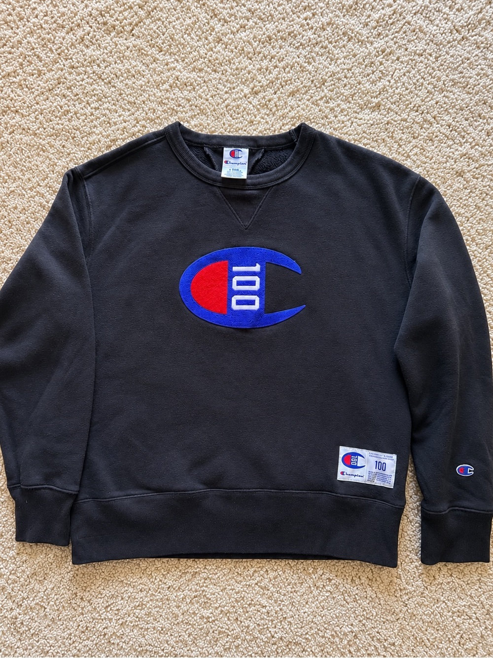 Vintage Champion 100 Crewneck Sweatshirt Black Big Logo Men’s Large